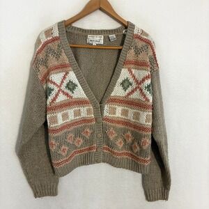 Vtg JJ Fargo Hand Knit Cardigan Sweater Womens Size M Geometric Boho Granny